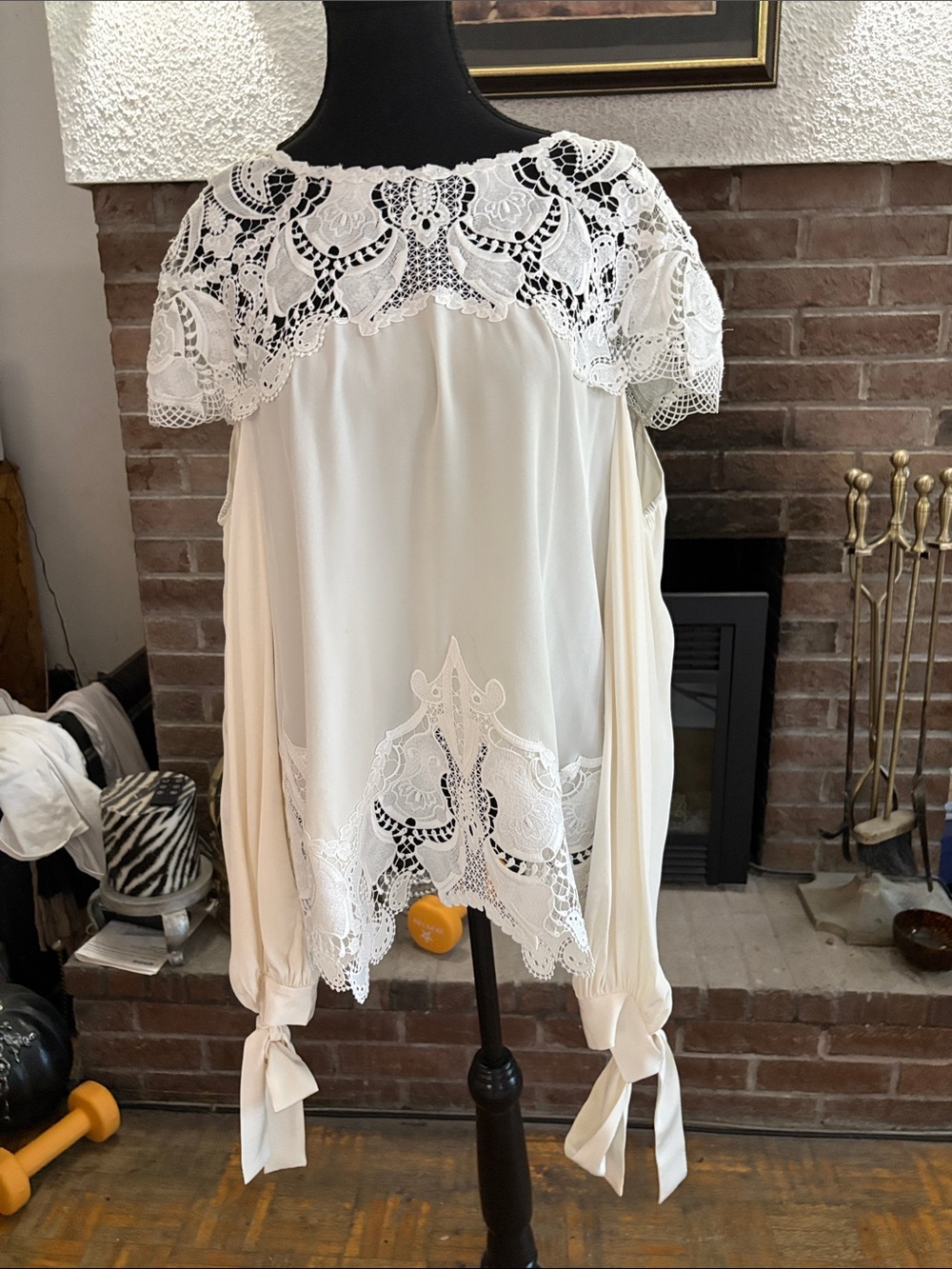 Jonathan Simkhai Cream Lace-Trim Long Sleeve Blouse
